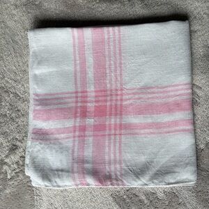 Vintage White Linen Tablecloth with Pink Stripe Border